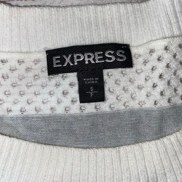 Express open knit Crewneck Longsleeve lightweight stripe sweater white grey sz S - Picture 8 of 9